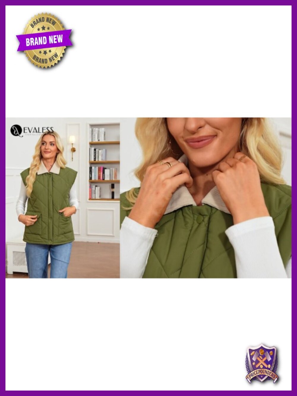 Women's Quilted Puffer Vest Button Down Sleeveless with Pockets - Picture 6 of 6